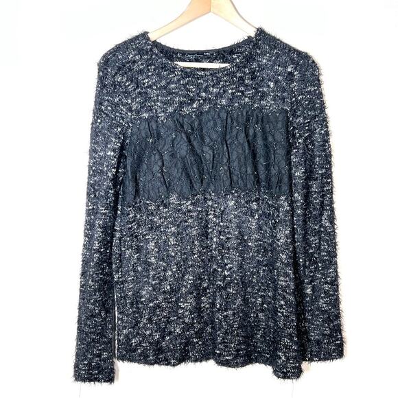 Zara black with lace trim crewneck casual sweater size large L B151 - Picture 1 of 4